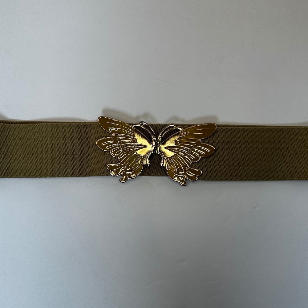 Vintage Butterfly Stretch Belt Olive Elastic Gold Tone Buckle